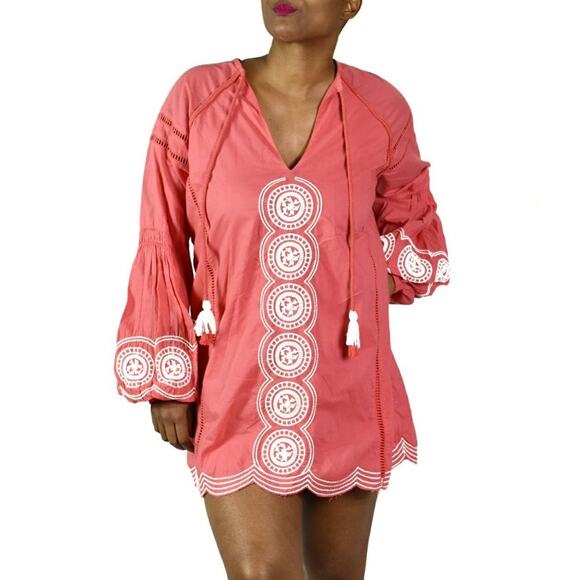 Show Me Your Mumu Claudine Dress Coral Embroidered Tunic Mini Tassels Size Small - Picture 7 of 14